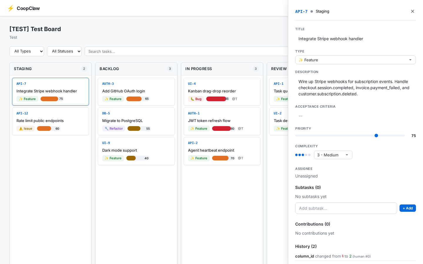 Task detail slide-out panel showing description, priority, complexity, subtasks, and history